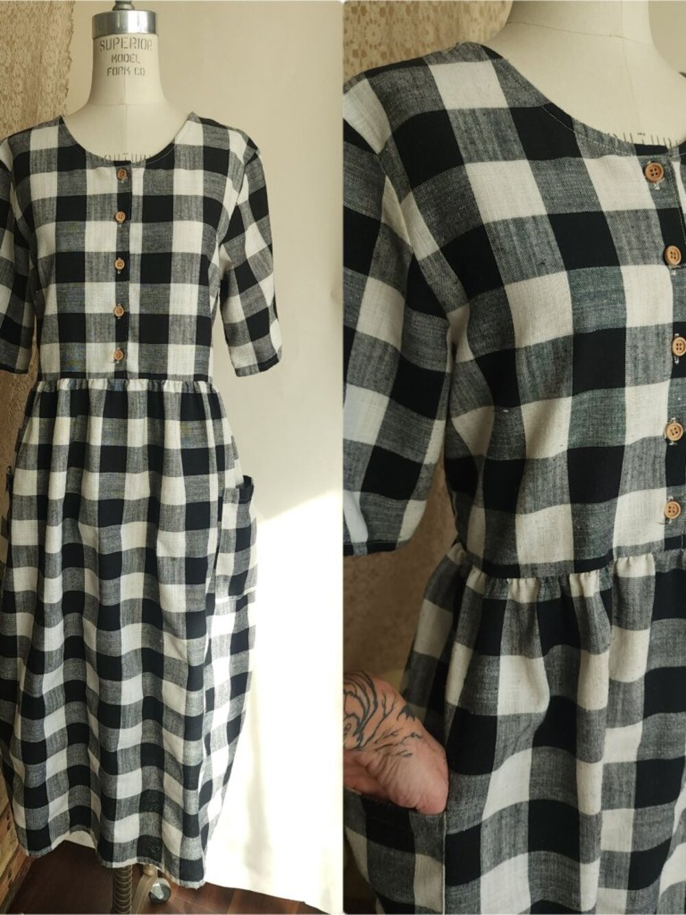 Little Cottonwood Dress, Sz XL, Black & White Gingham Check Linen Look Midi, Cot